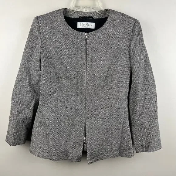 MaxMara Italy Gray Tweed Virgin Wool Silk Full Zip Collarless Peplum Blazer - Picture 3 of 6